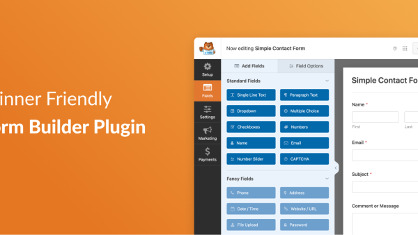 WPForms AI Form Builder for WordPress showing a simple contact form creation interface for beginners